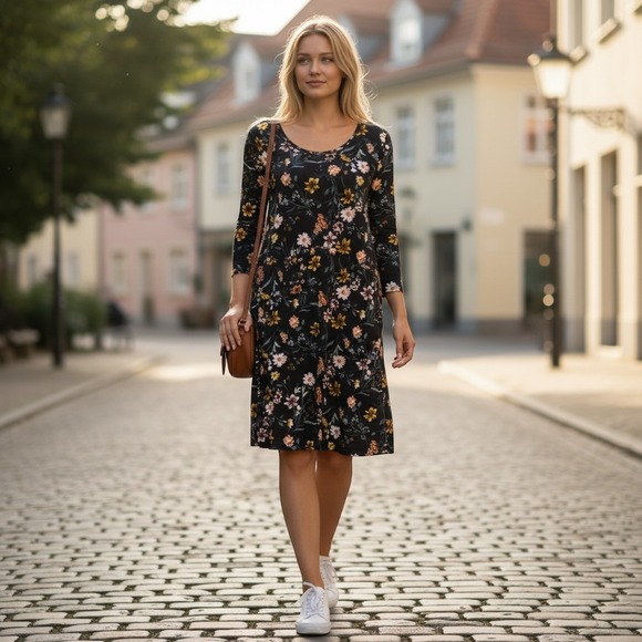 nine britton Dresses & Skirts - Nine Britton Shift Dress Medium Black Floral Excellent Long Sleeve Scoop Neck